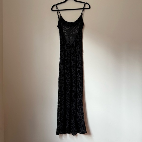 Victoria Secret Black Burnout Velvet Floral Slip Dress Maxi with Thigh Slit, M - Picture 8 of 13
